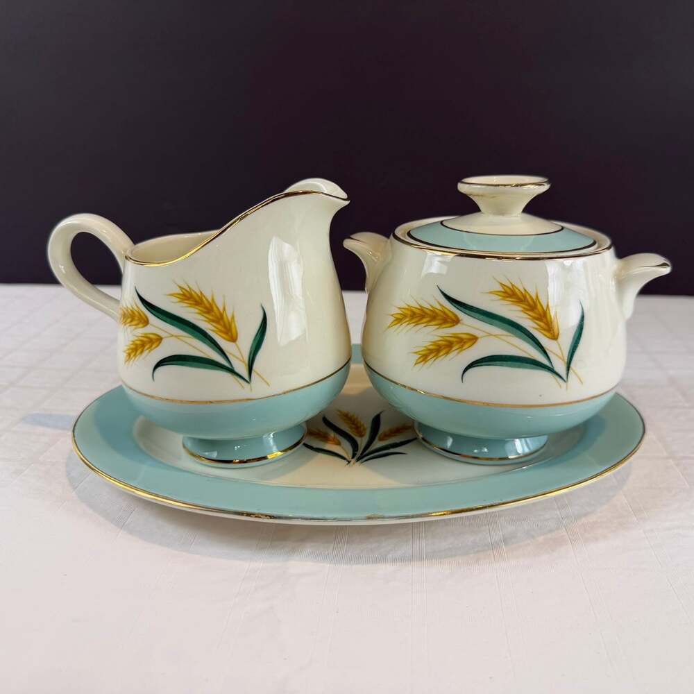 International D S Aqua Wheat Cream And Sugar With Lid and Undertray Viking